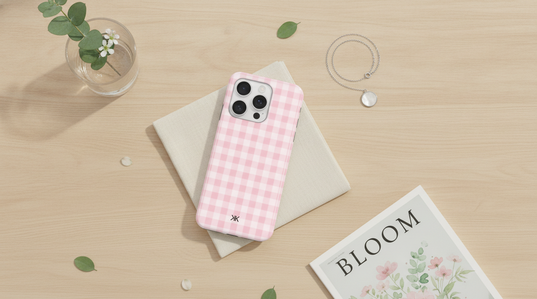 Pink Gingham Phone Case, personalised with initials